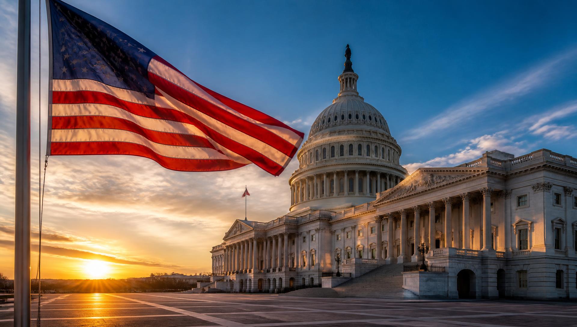 The United States Capitol at sunrise with an American flag flying in the foreground