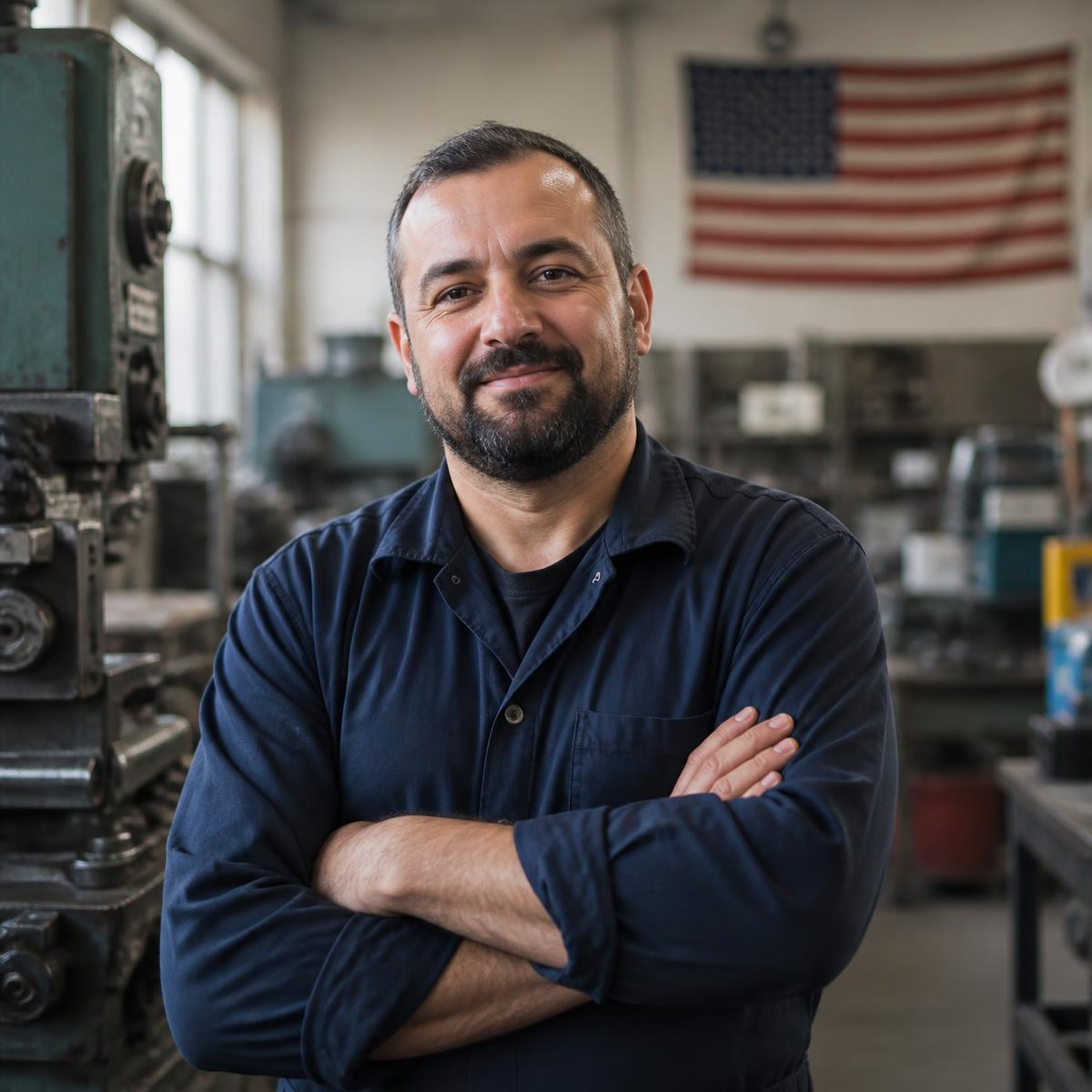 A Serbian-American business owner standing in his American machine shop