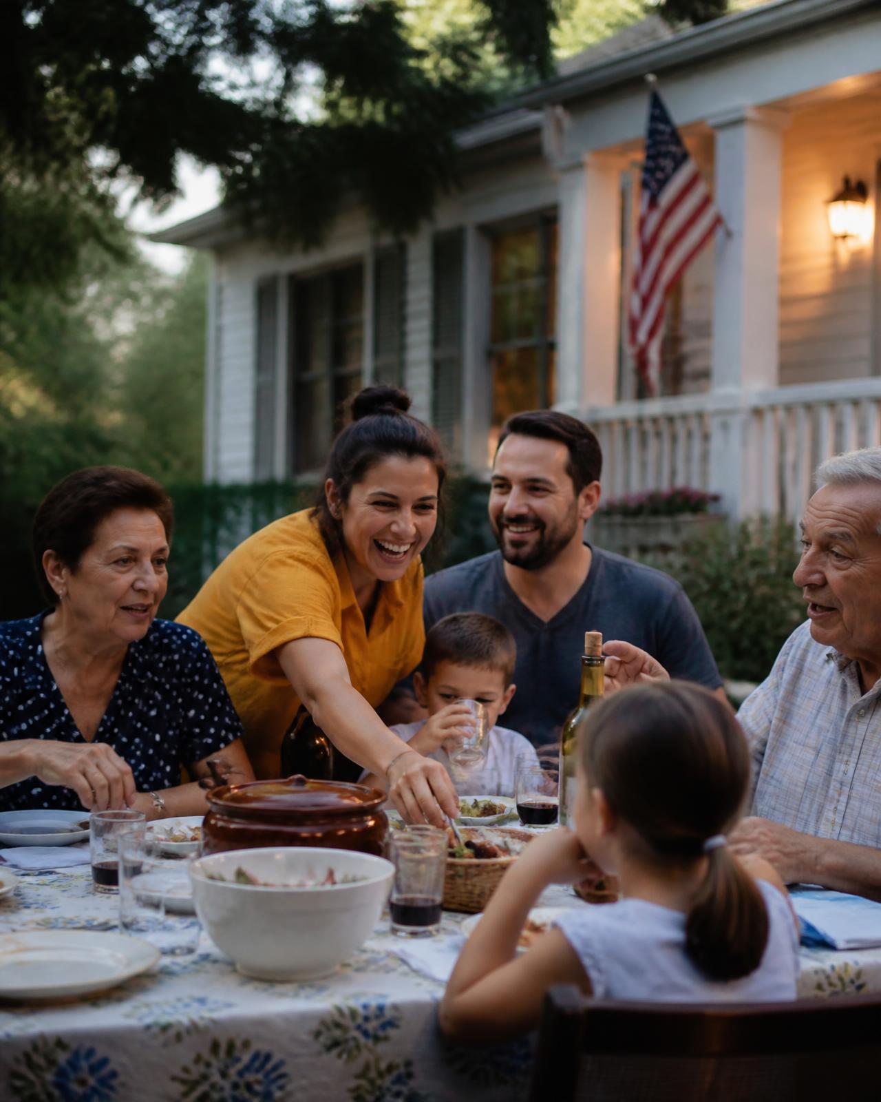 A multigenerational Serbian-American family sharing dinner outside their American home