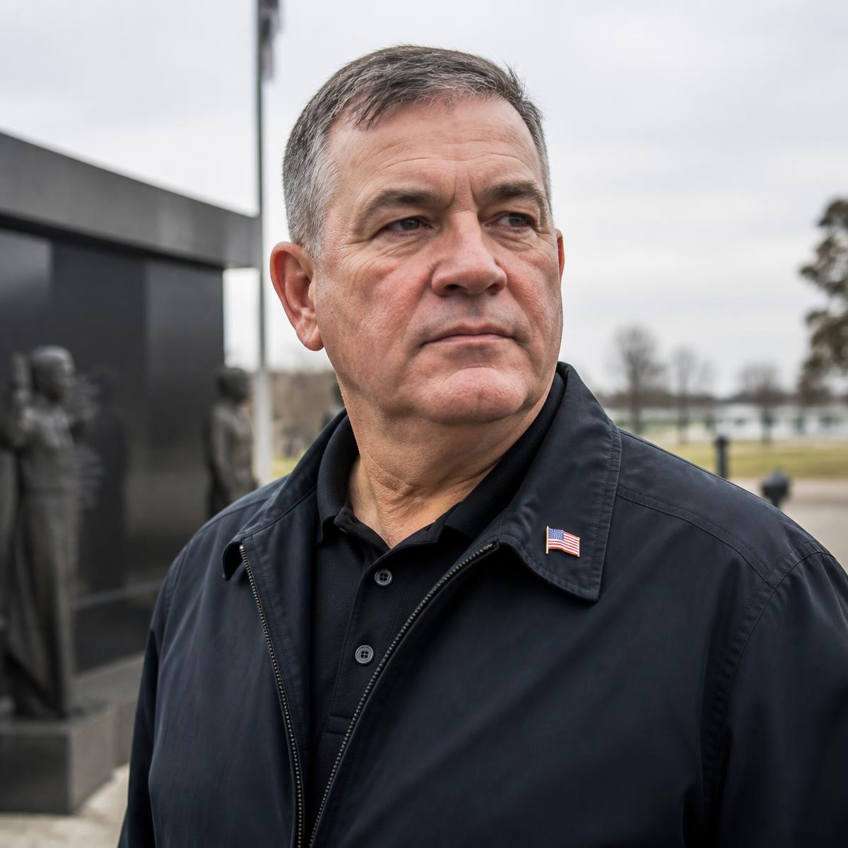An American military veteran of Serbian heritage standing at a veterans memorial
